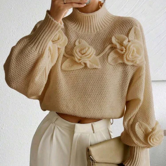 Casual Floral 3D Embroidery Color Blocked Loose High Neck Sweater - Picture 4 of 4